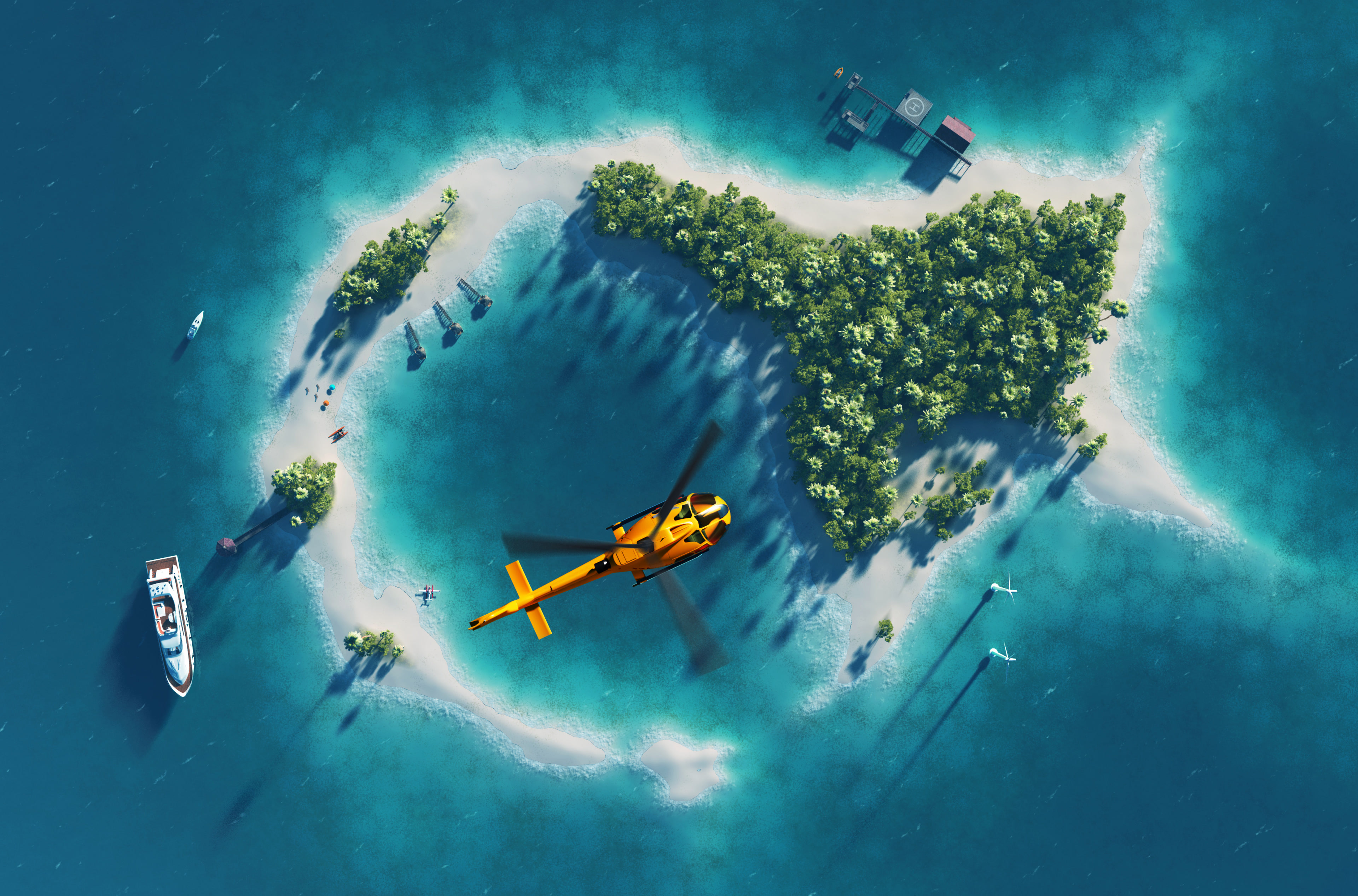 Photo of a helicopter over an island