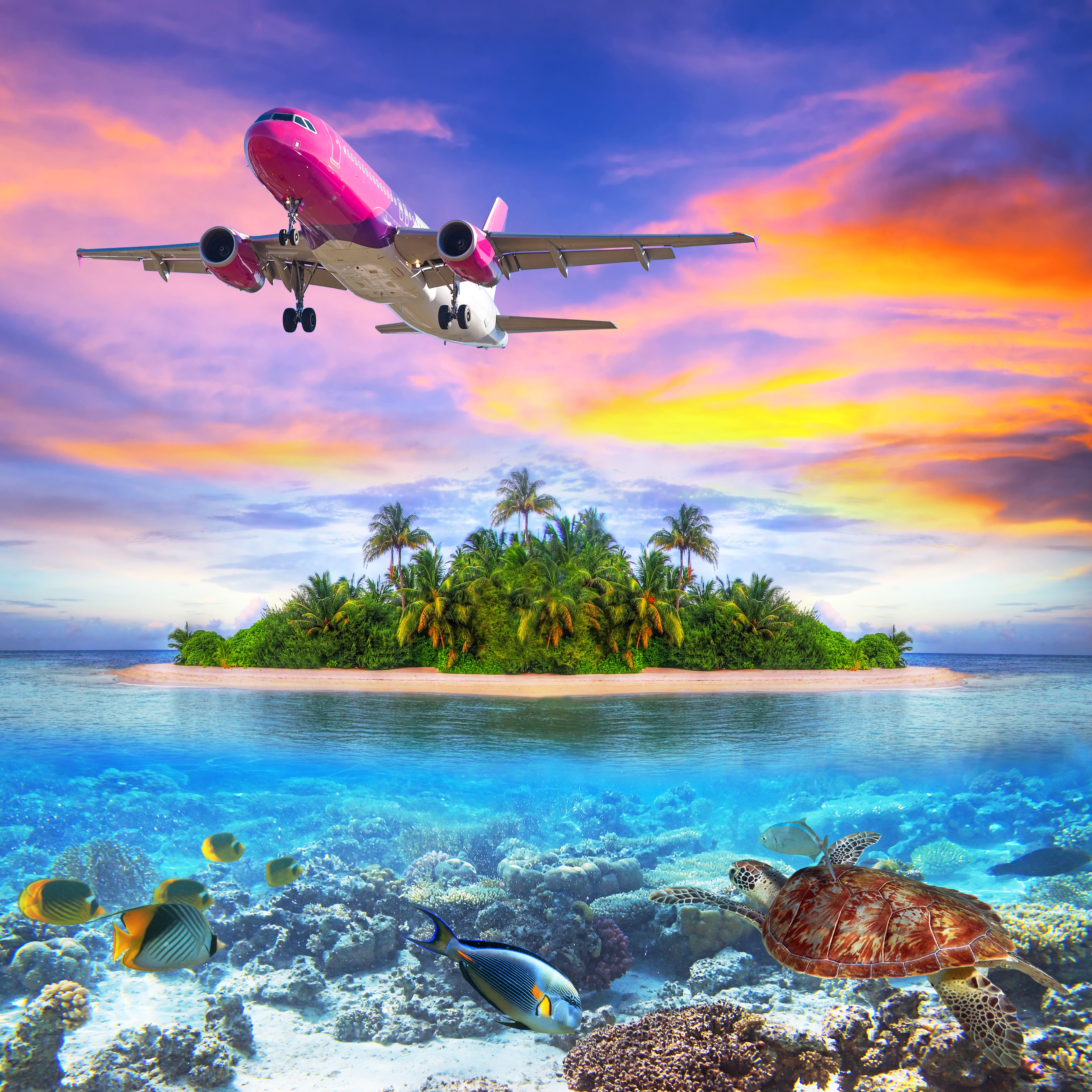 Photo of a Plane flying over a tropical island